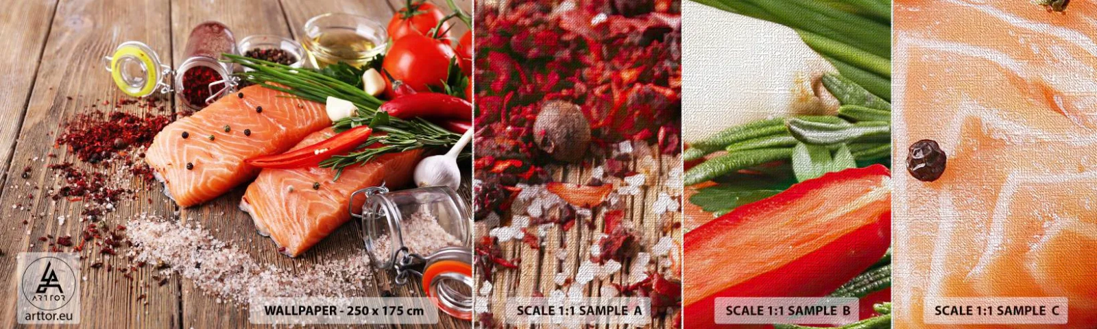 Provbit av fototapet Premium Canvas - Norskt äventyr i köket - Gastronomi, Lax, Kryddor - 100x30 cm