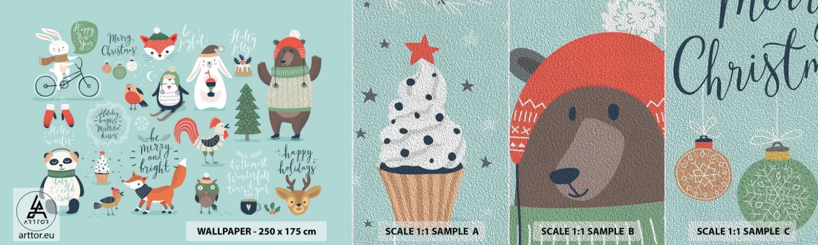 Provbit av fototapet Premium Sand - Må det alltid vara jul! - För barn, Vinter, Glada djur - 100x30 cm