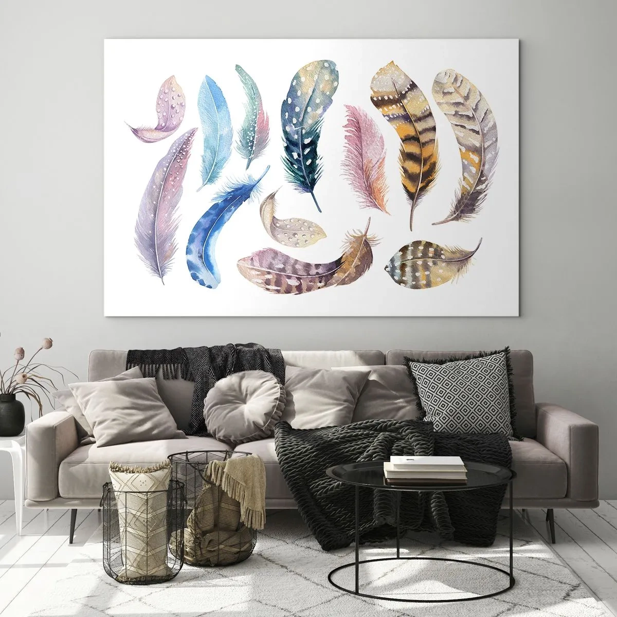 Glastavla - Bild på glas - Färgglada fjädrar i konstnärlig stil på vit bakgrund - 70x50cm - Lätta, färgglada och färgrika - Modern väggdekoration för vardagsrum och sovrum ARTTOR
