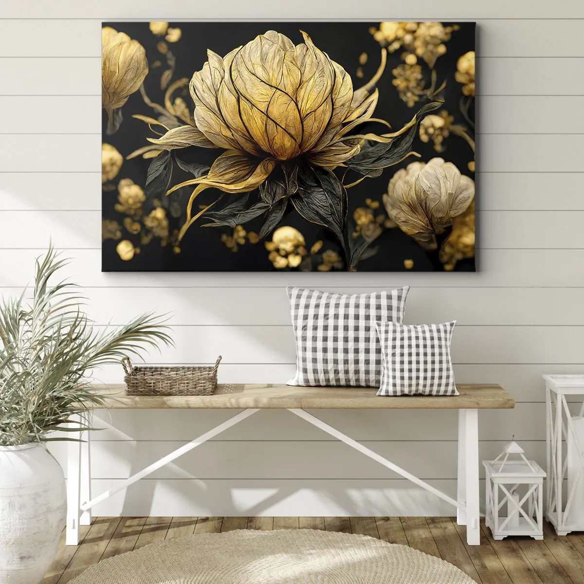Canvastavla - Bild på duk - Gyllene blomma på en mörk bakgrund - 70x50cm - Subtil skörhet - Modern väggdekoration för vardagsrum och sovrum ARTTOR