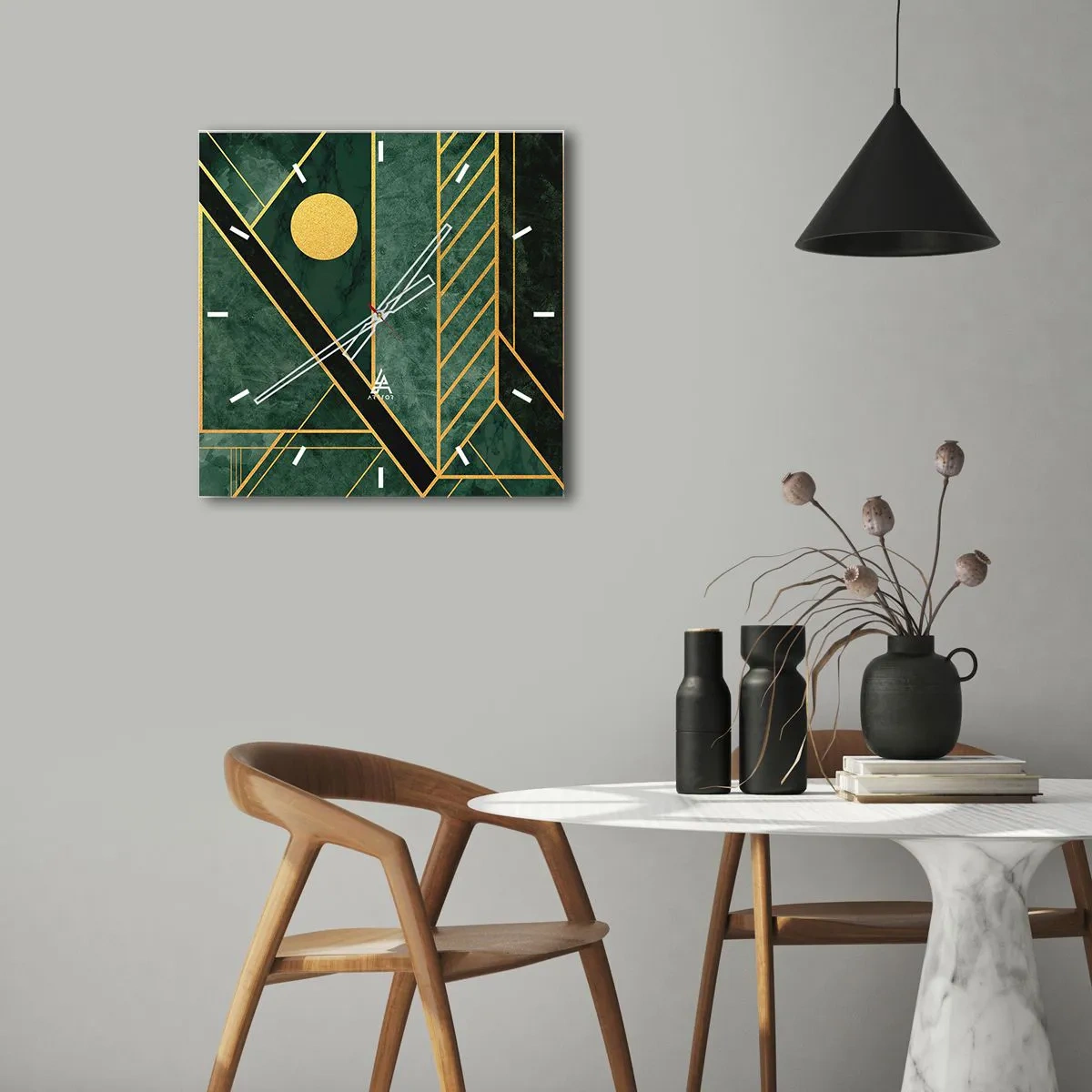 Väggklocka - Klocka på glas - Dynamik av guld och azurblå - 40x40 cm