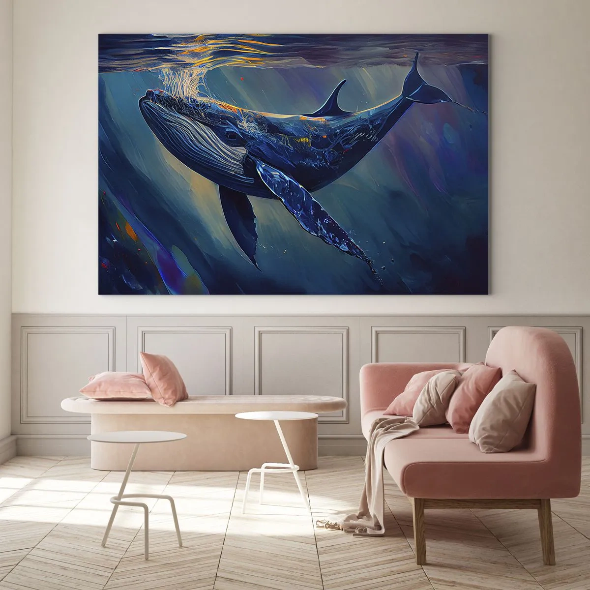 Glastavla - Bild på glas - En val som flyter under vattnet i solljuset - 70x50cm - Välkommen till min värld - Modern väggdekoration för vardagsrum och sovrum ARTTOR