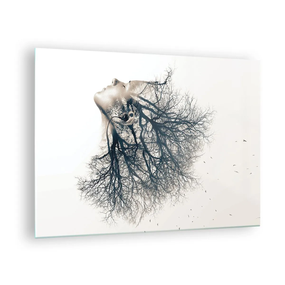 Glastavla - Bild på glas - Silhuett av en kvinna med grenar som hår - 70x50cm - Lyssnar på trädens viskningar - Modern väggdekoration för vardagsrum och sovrum ARTTOR