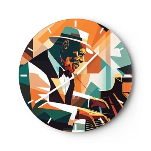 Väggklocka - Klocka på glas - Jazzmusiker vid pianot i geometrisk stil - 30x30cm - Allt som är jazz - Modern väggdekoration för vardagsrum, kök och sovrum ARTTOR