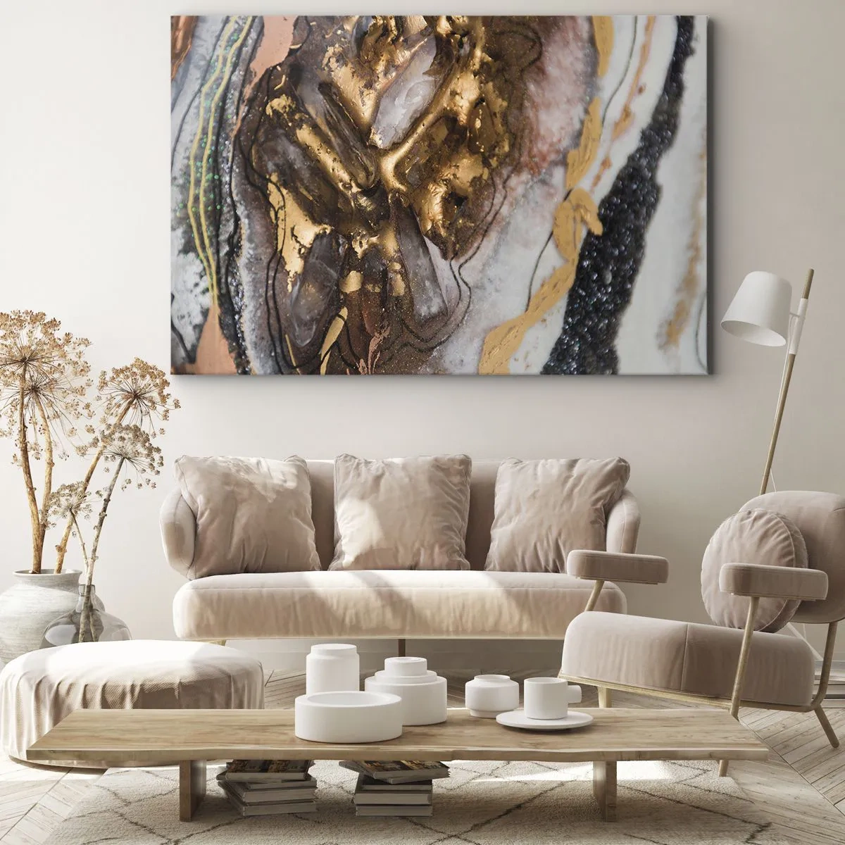 Canvastavla - Bild på duk - Abstrakt komposition med inslag av guld och kristaller - 70x50cm - Jordens element - Modern väggdekoration för vardagsrum och sovrum ARTTOR