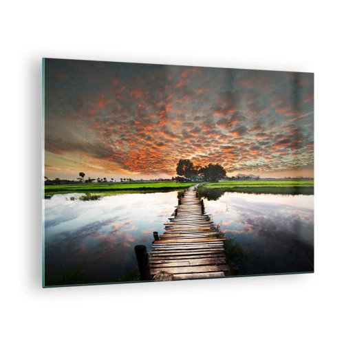 Glastavla - Bild på glas - Träbro över floden vid solnedgången - 70x50cm - Fäll ut armarna - andas - Modern väggdekoration för vardagsrum och sovrum ARTTOR