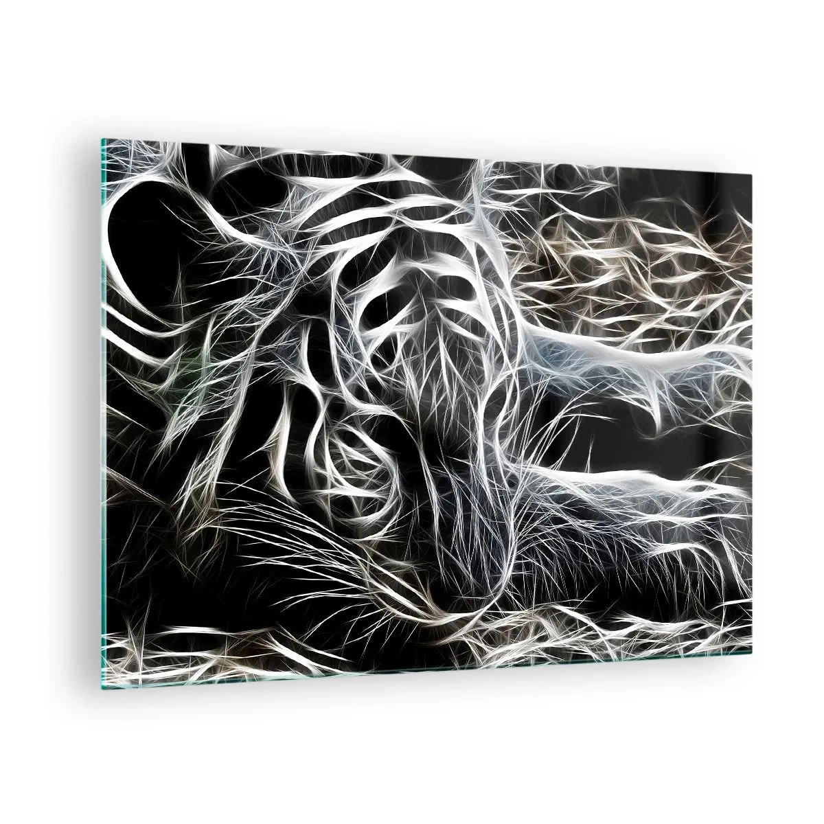 Glastavla - Bild på glas - Abstrakt tiger i lysande linjer på en svart bakgrund - 70x50cm - En studie om kattens lätthet - Modern väggdekoration för vardagsrum och sovrum ARTTOR