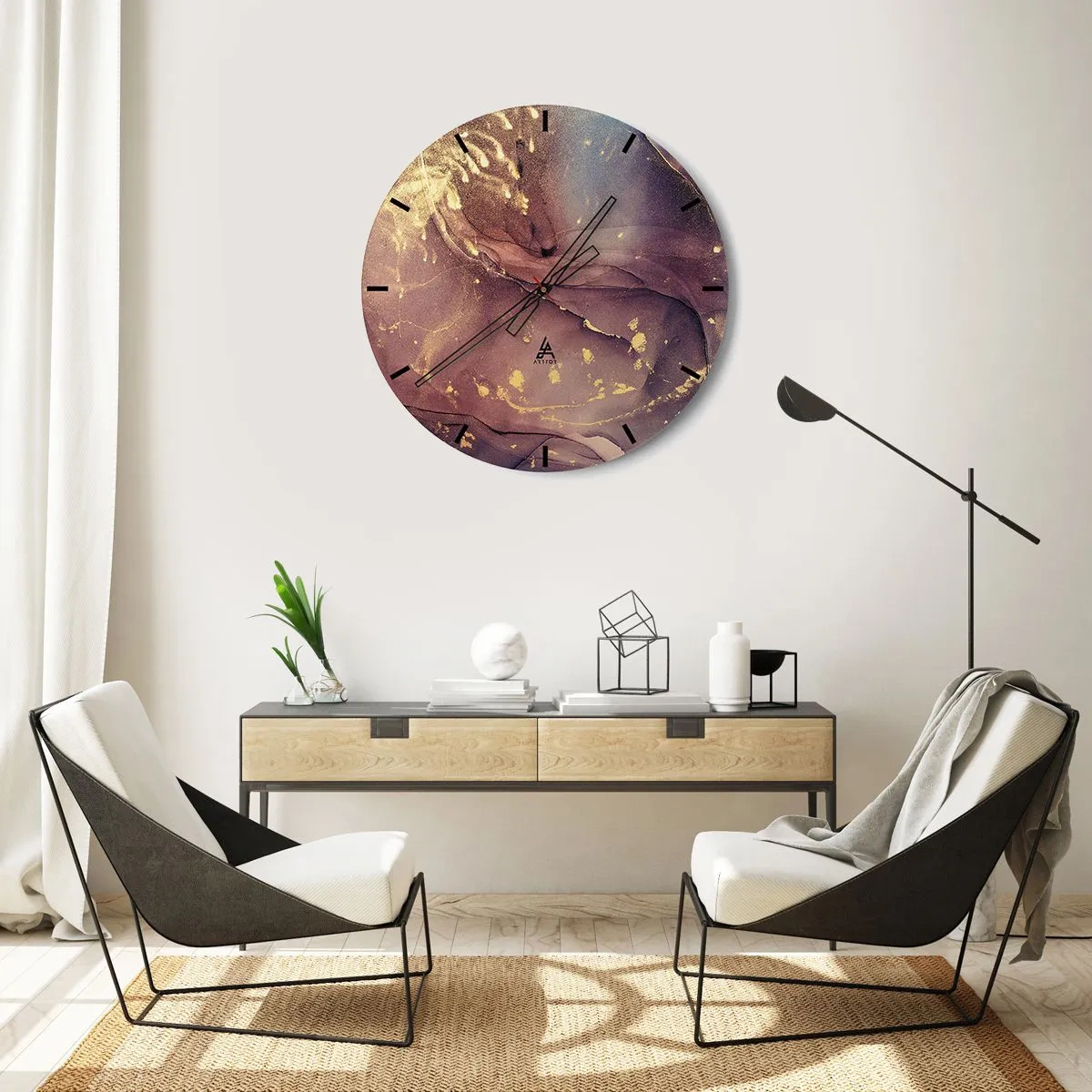 Väggklocka - Klocka på glas - Abstrakt komposition med textur och gulddetaljer - 30x30cm - Materia och ande - Modern väggdekoration för vardagsrum, kök och sovrum ARTTOR