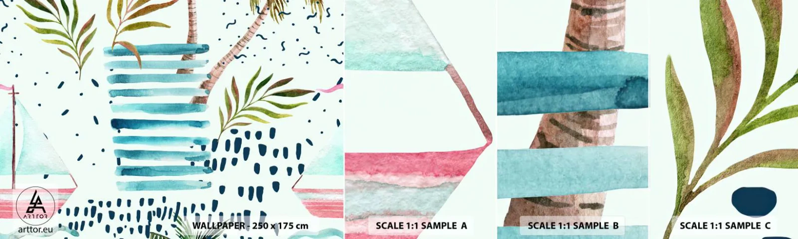 Fototapet Prov Standard Eco - Semester under palmerna - Vattenfärger, Kokosnötspalm, Segelbåt - 100x30 cm