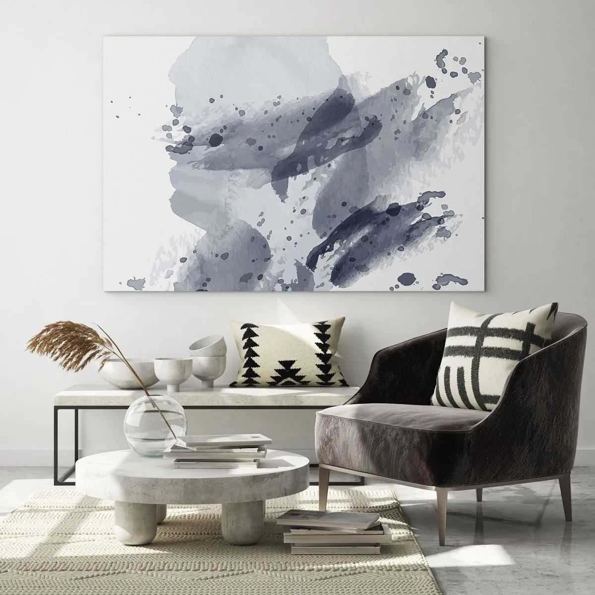 Glastavla - Bild på glas - Blågrå akvarellfläckar som liknar rörligt vatten - 70x50cm - Studie om vattnets natur - Modern väggdekoration för vardagsrum och sovrum ARTTOR