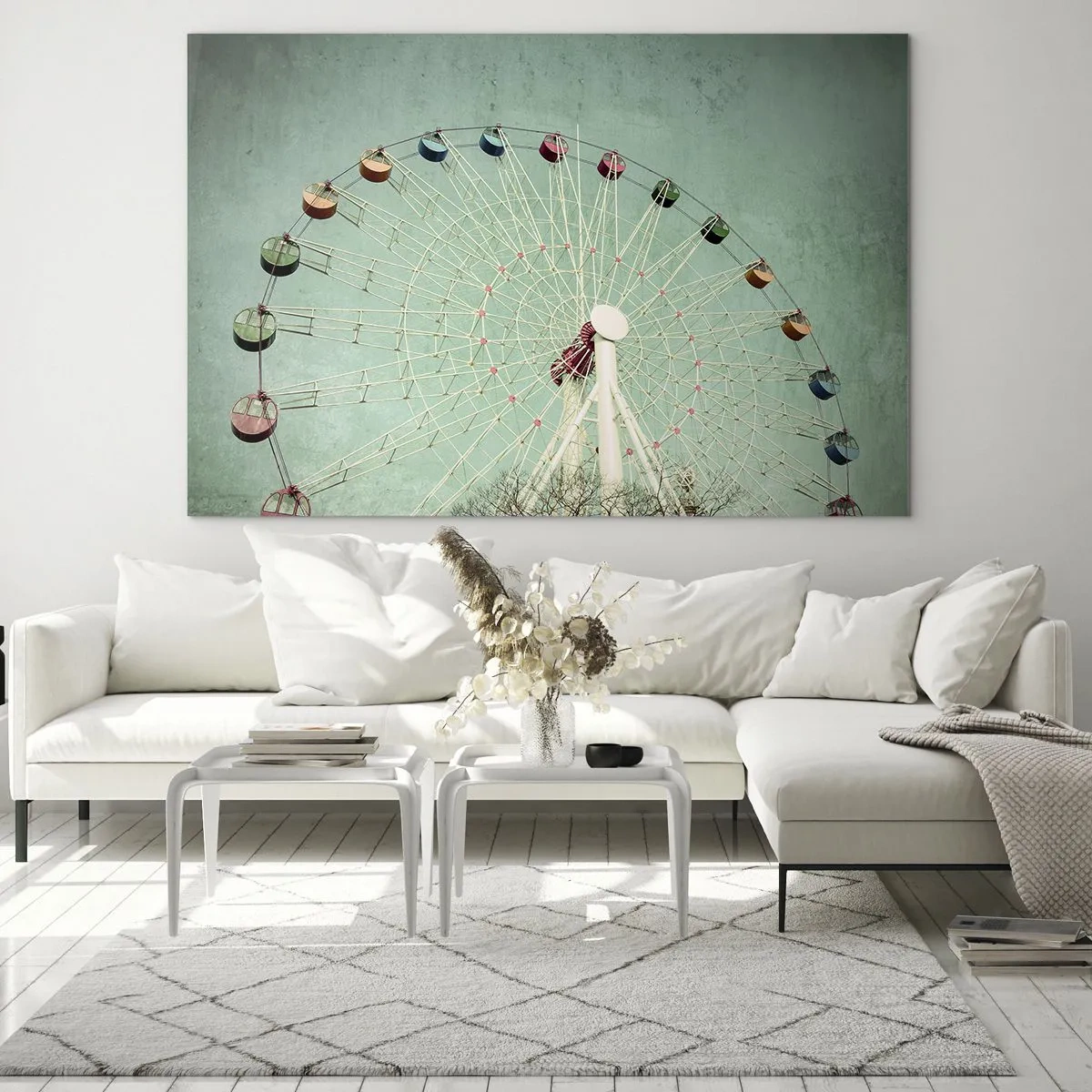 Glastavla - Bild på glas - Ett färgglatt pariserhjul mot en pastellgrön bakgrund - 70x50cm - Välkommen att ha kul - Modern väggdekoration för vardagsrum och sovrum ARTTOR