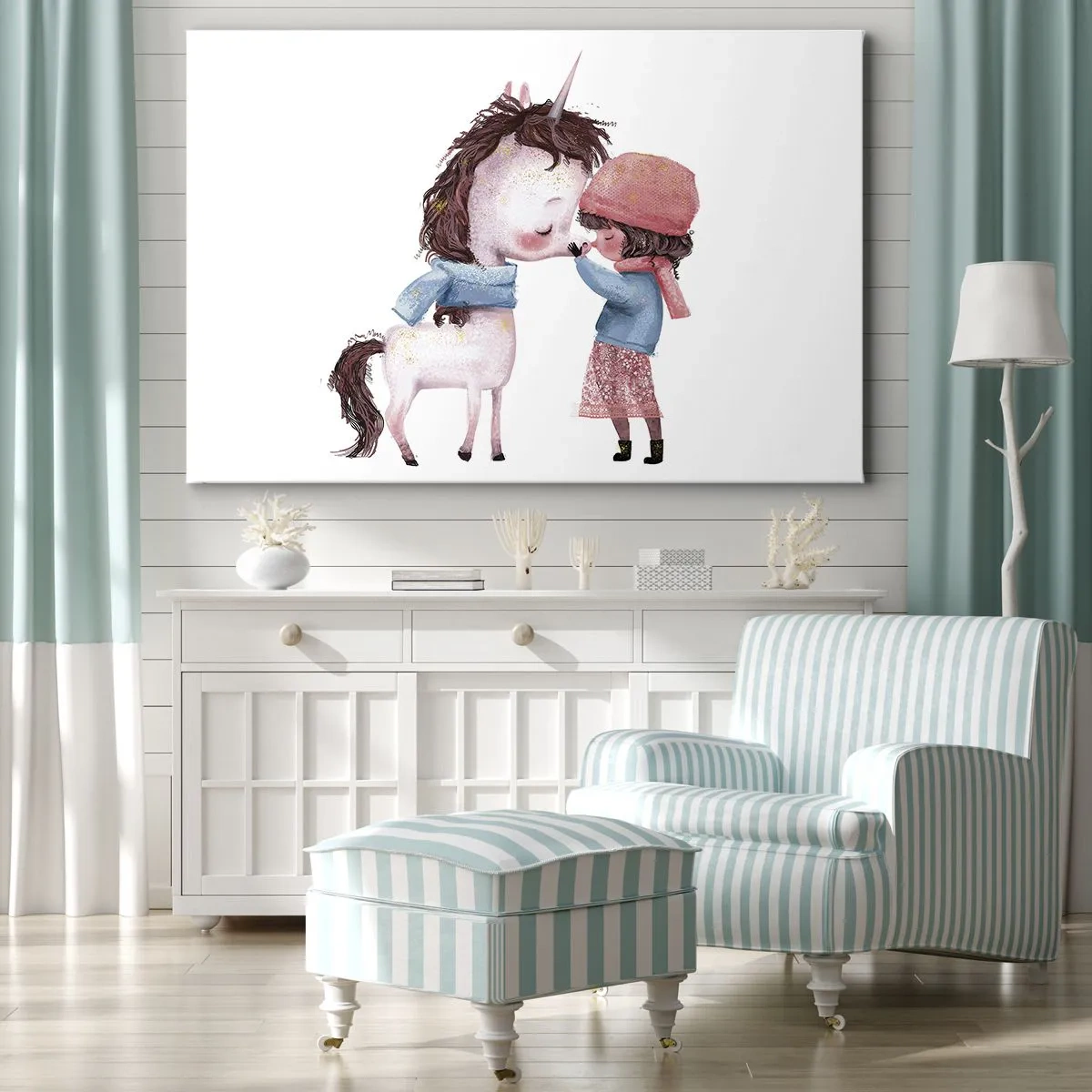 Canvastavla - Bild på duk - En flicka och en enhörning i ett vinterlandskap - 70x50cm - Vintersaga - Modern väggdekoration för vardagsrum och sovrum ARTTOR