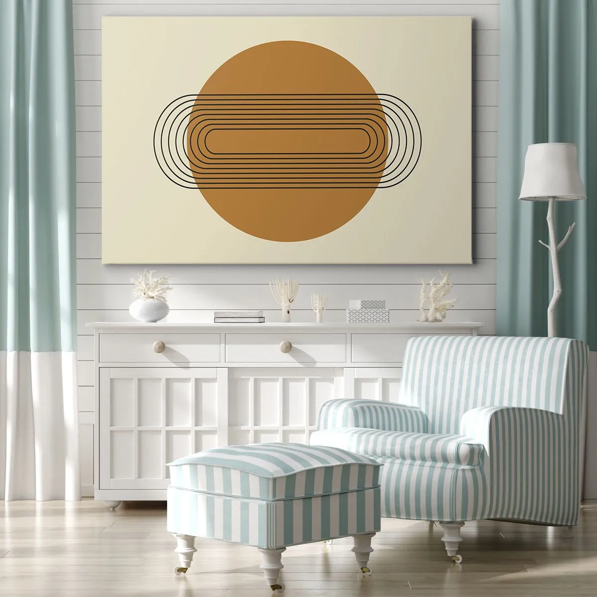 Canvastavla - Bild på duk - Geometriskt mönster med orangea cirklar och linjer - 70x50cm - Perfekt plan - Modern väggdekoration för vardagsrum och sovrum ARTTOR