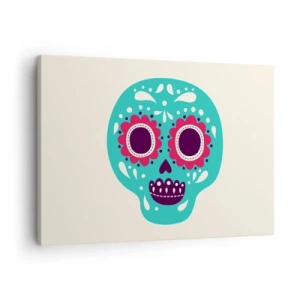 Canvastavla - Bild på duk - En turkos och lila sockerskalle inspirerad av mexikansk kultur - 70x50cm - Livet - nöje till döden - Modern väggdekoration för vardagsrum och sovrum ARTTOR
