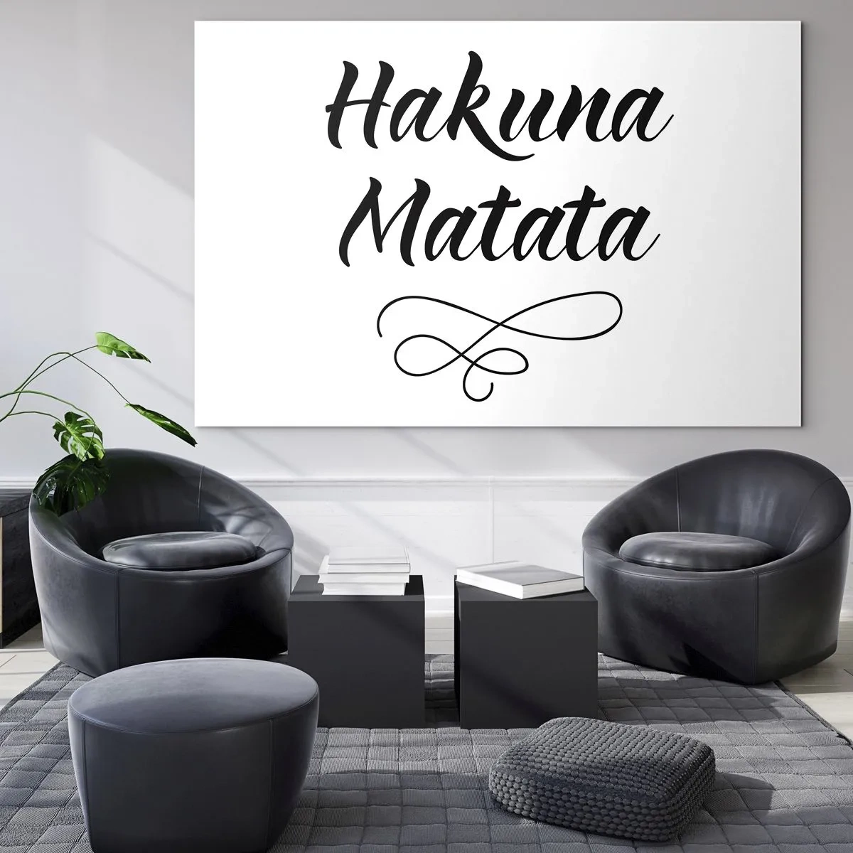 Glastavla - Bild på glas - Hakuna Matata-bokstäver med dekorativ accent på vit bakgrund - 70x50cm - Bästa rådet - Modern väggdekoration för vardagsrum och sovrum ARTTOR