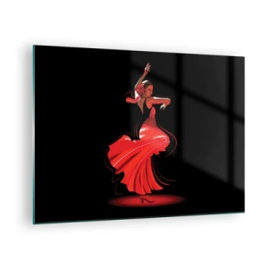 Glastavla - Bild på glas - Flamencodansare i en röd klänning mot en svart bakgrund - 70x50cm - Flamencos brinnande anda - Modern väggdekoration för vardagsrum och sovrum ARTTOR