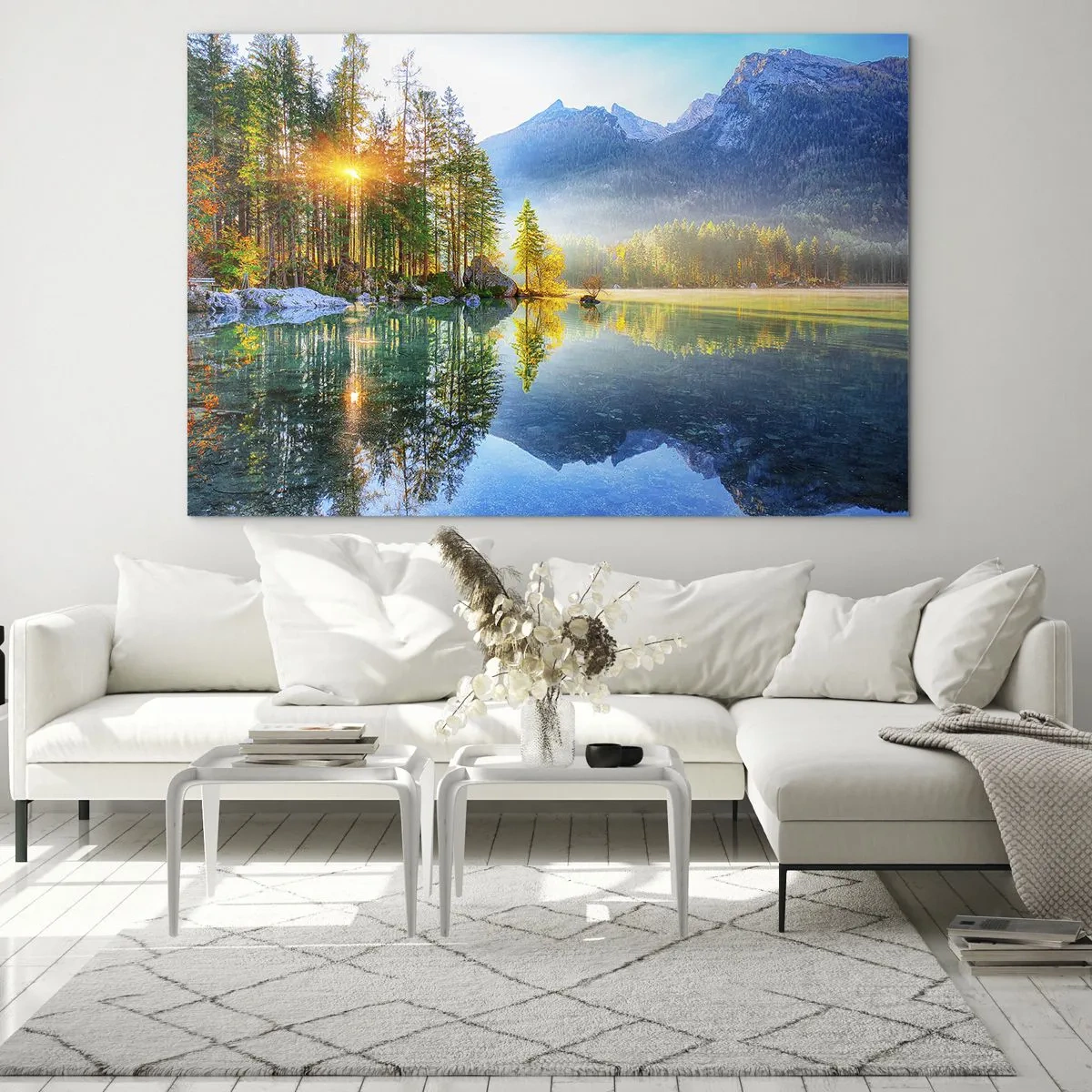Glastavla - Bild på glas - Berglandskap med en sjö och morgonsolen - 70x50cm - Majestät och sötma - Modern väggdekoration för vardagsrum och sovrum ARTTOR
