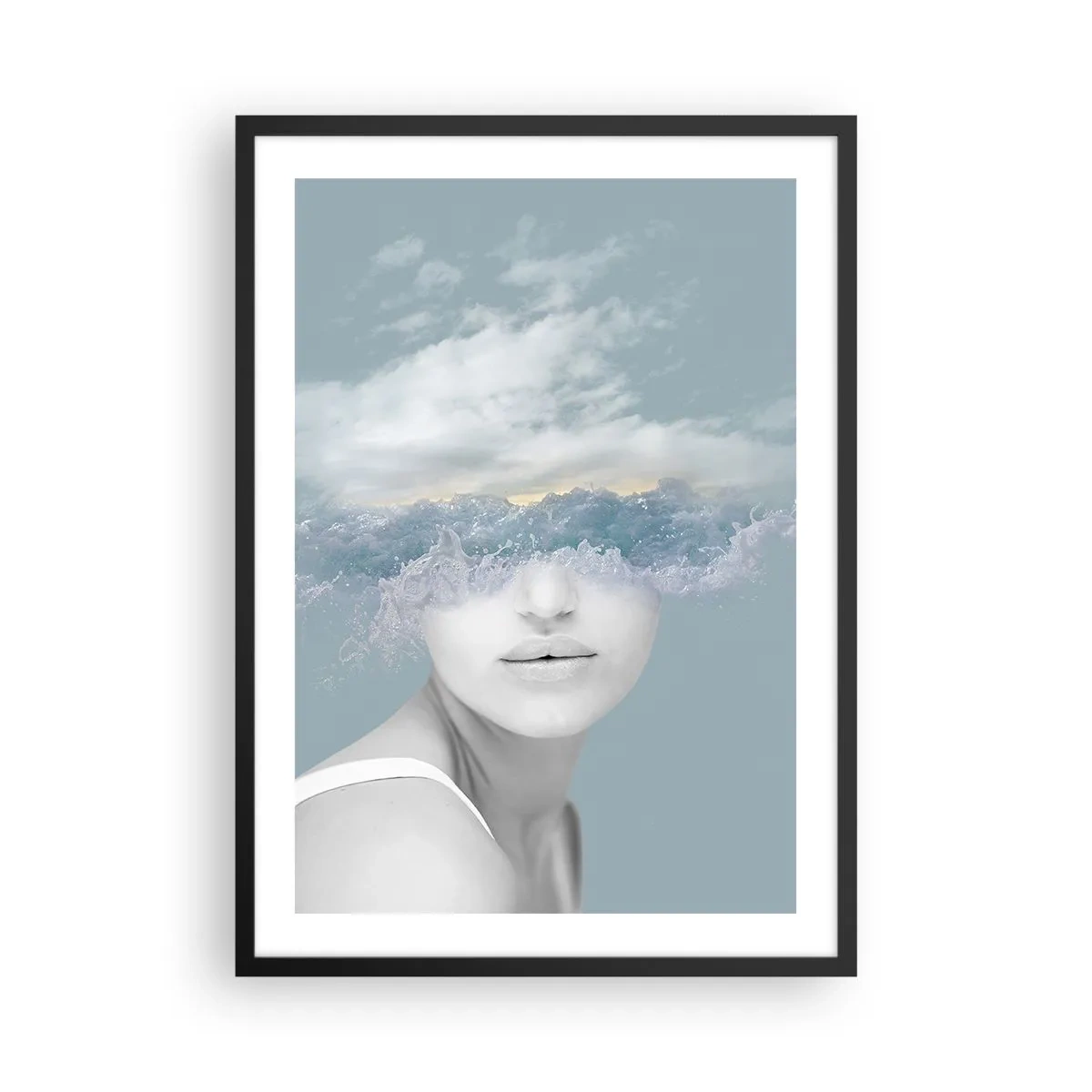 Affisch i svart ram - En kvinna med havsvågor som ögon - 50x70cm - Med huvudet i molnen - Modern väggdekoration för vardagsrum och sovrum ARTTOR