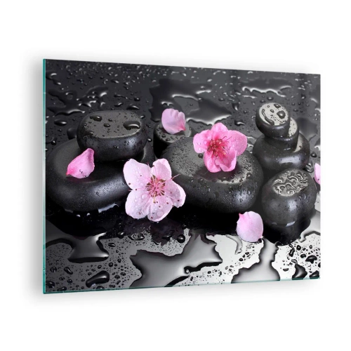 Glastavla - Bild på glas - Spa stenar med blommor på en våt bakgrund - 70x50cm - Så faller en sten från hjärtat - Modern väggdekoration för vardagsrum och sovrum ARTTOR