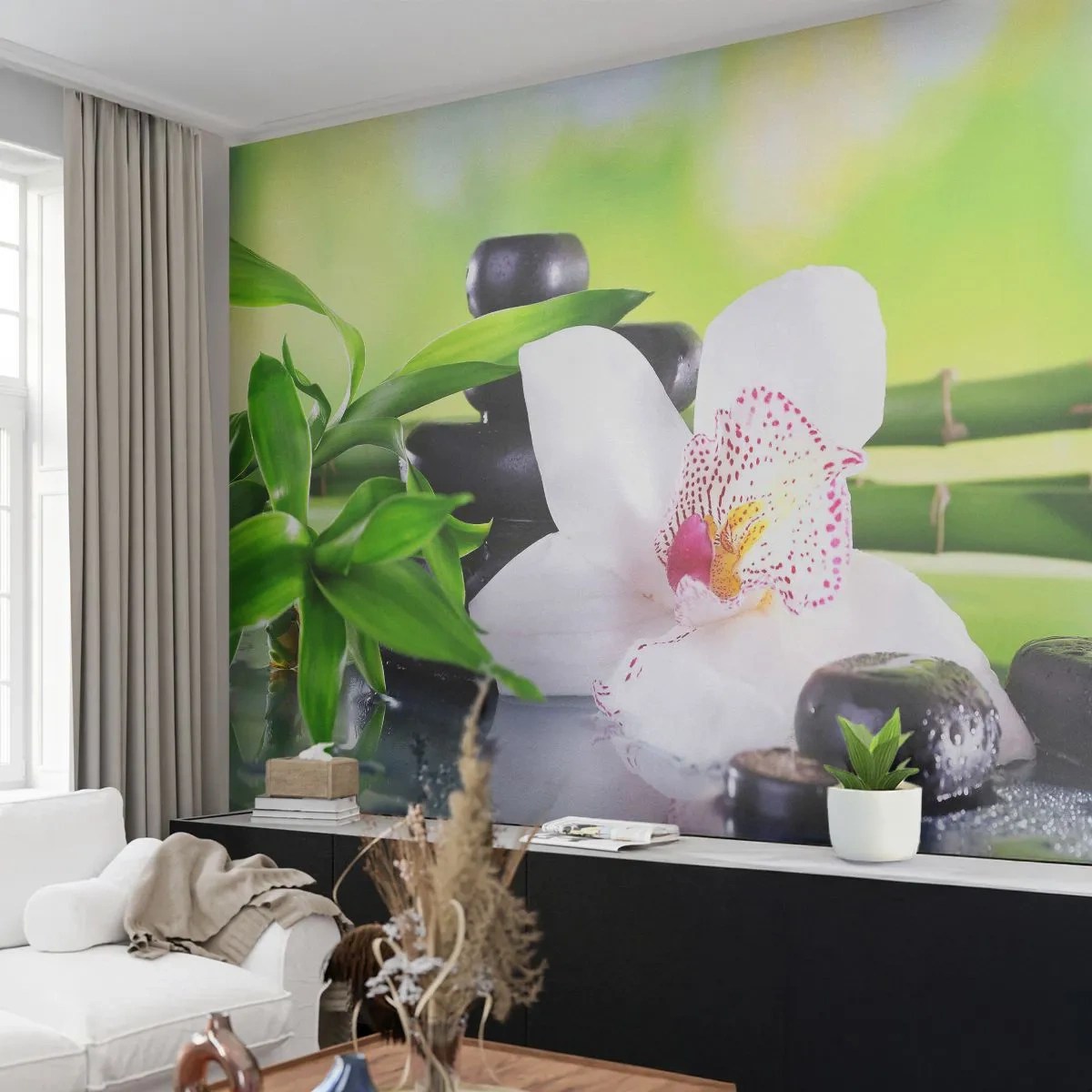 Självhäftande Fototapet Deluxe Sticker - Sval fräschhet - Bambu, Blomma, Orkide - 250x175 cm