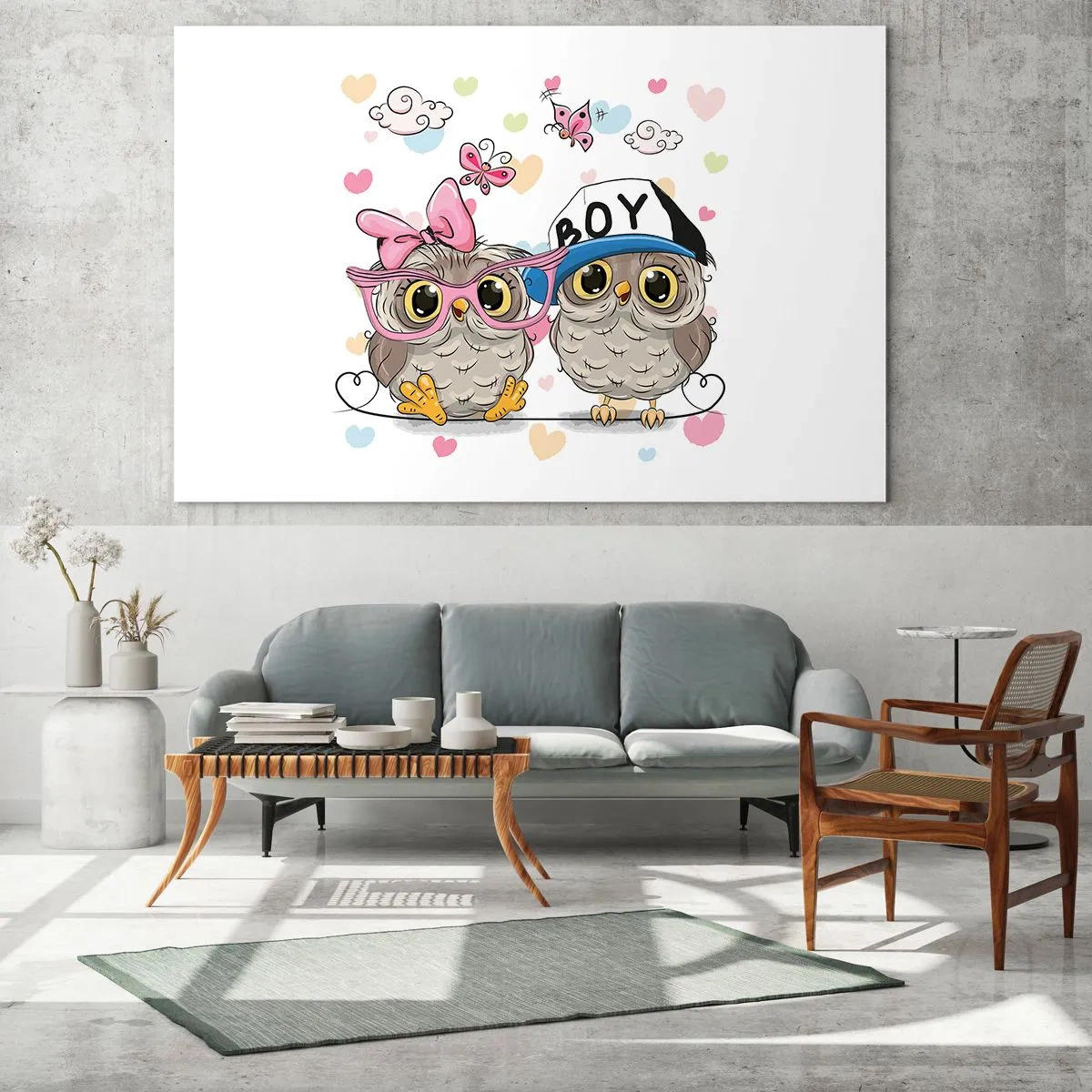 Glastavla - Bild på glas - Ett par glada ugglor i en pastellkomposition - 70x50cm - Låt oss älska varandra! - Modern väggdekoration för vardagsrum och sovrum ARTTOR