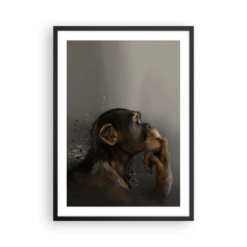 Affisch i svart ram - Porträtt av en tänkande apa i mjuka gråtoner med en abstrakt bakgrund - 50x70cm - Säkert en tänkare - Modern väggdekoration för vardagsrum och sovrum ARTTOR