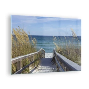 Glastavla - Bild på glas - Stigen till stranden med havsutsikt - 70x50cm - I solen, i vinden - Modern väggdekoration för vardagsrum och sovrum ARTTOR