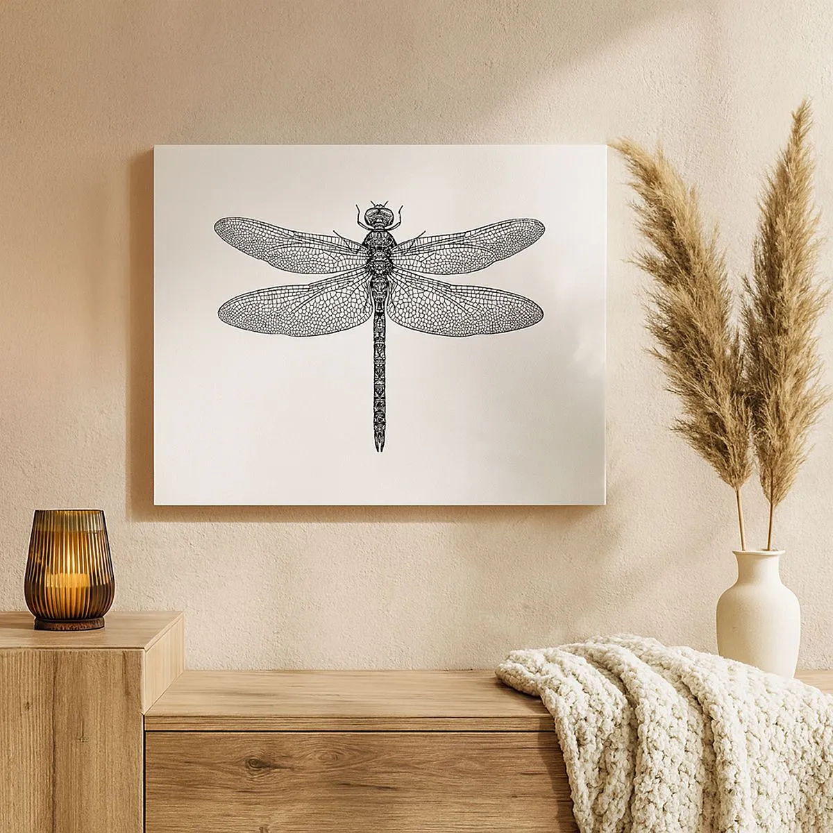 Canvastavla - Bild på duk - Svartvit teckning av en trollslända på vit bakgrund i minimalistisk stil - 70x50cm - Precision i naturen - Modern väggdekoration för vardagsrum och sovrum ARTTOR