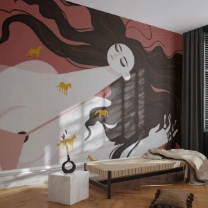 Fototapet på mått Självhäftande Deluxe Sticker - Dröm om en gyllene häst - Kvinna, Porträtt, Minimalism