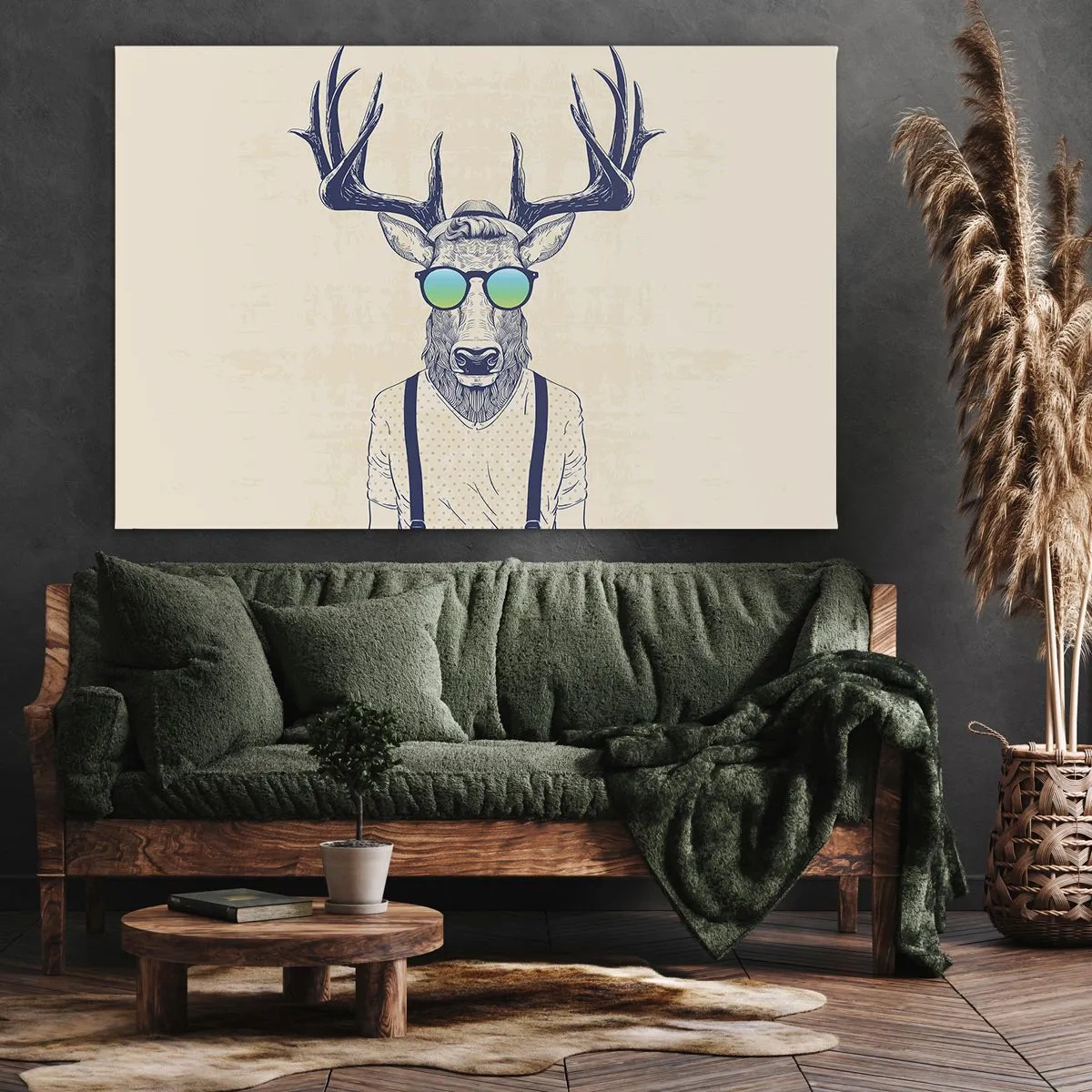 Canvastavla - Bild på duk - Stiliserad hjort i solglasögon - 70x50cm - Och vem väntade du på? - Modern väggdekoration för vardagsrum och sovrum ARTTOR