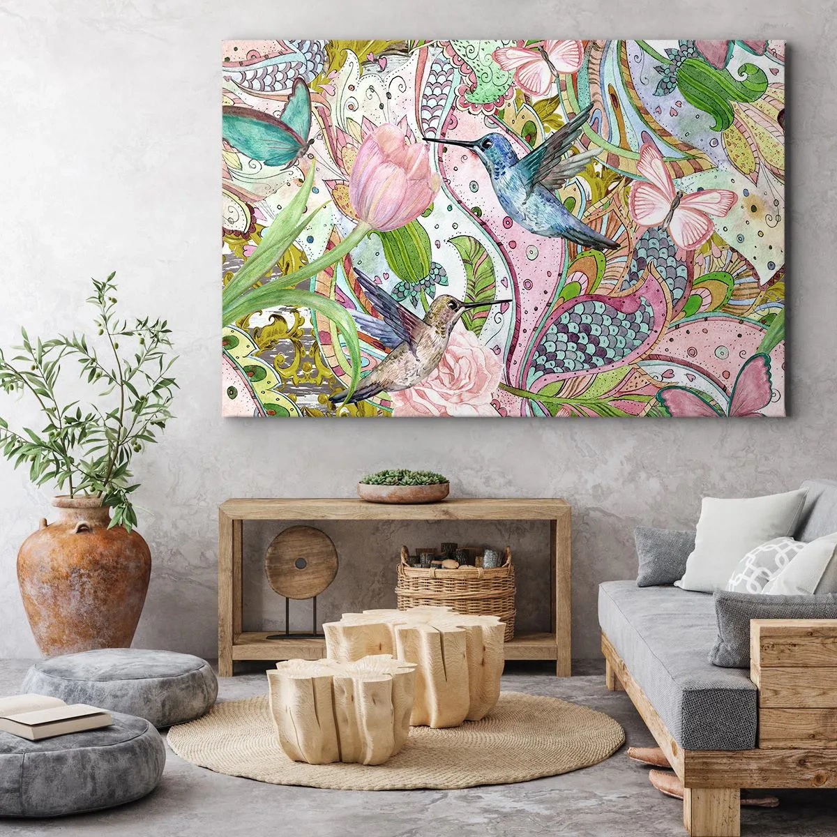 Canvastavla - Bild på duk - Färgglada kolibrier och fjärilar bland växterna - 70x50cm - Inbäddade i klätterväxter - Modern väggdekoration för vardagsrum och sovrum ARTTOR