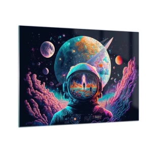Glastavla - Bild på glas - Ett rymdlandskap med en astronaut och en surrealistisk planet. - 70x50cm - Filosofer har aldrig drömt - Modern väggdekoration för vardagsrum och sovrum ARTTOR