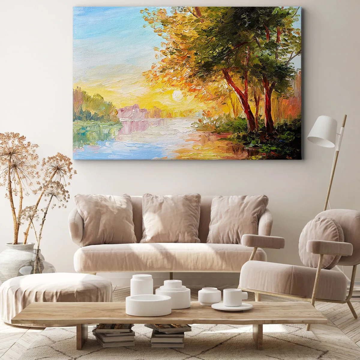 Canvastavla - Bild på duk - Ett pittoreskt landskap med en flod och träd vid solnedgången - 70x50cm - Et in Arcadia ego - Modern väggdekoration för vardagsrum och sovrum ARTTOR