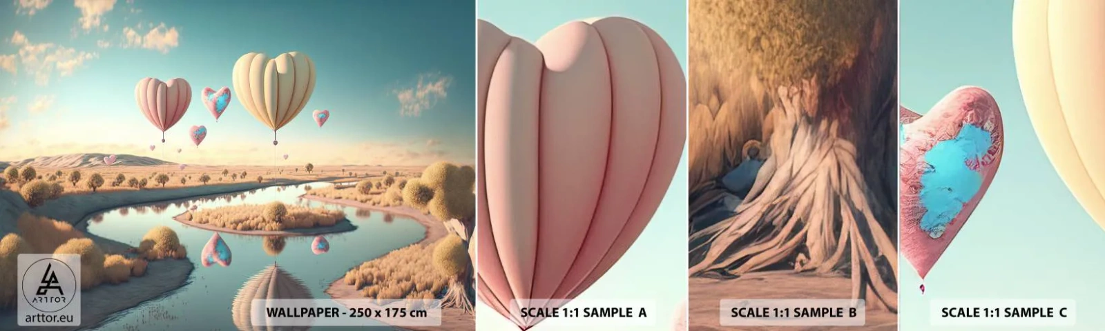 Provbit av självhäftande fototapet Deluxe Sticker - Kärleken låter dig sväva - Ballonger, Pastell, Godis - 100x30 cm