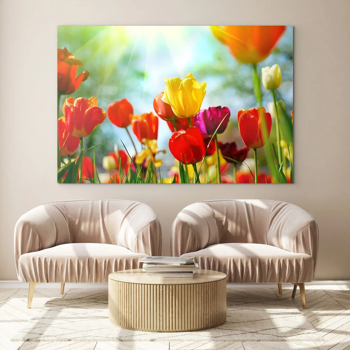 Glastavla - Bild på glas - Färgglada tulpaner upplysta av solens strålar - 70x50cm - Solens alla färger - Modern väggdekoration för vardagsrum och sovrum ARTTOR