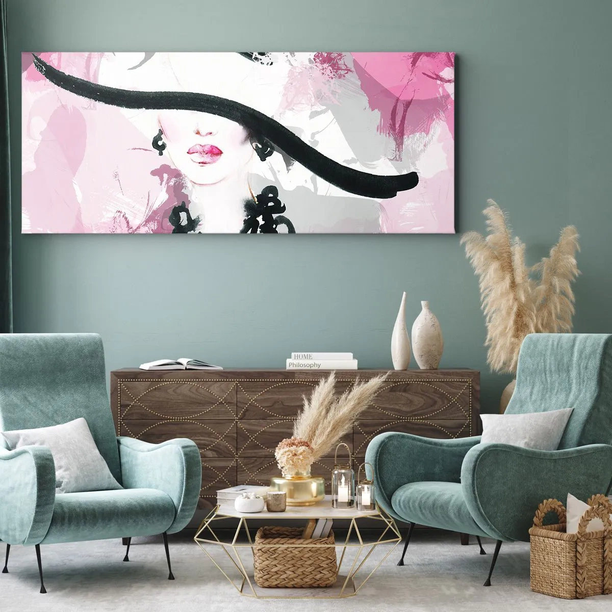 Canvastavla - Bild på duk - En damportätt i svart och rosa - 100x40 cm