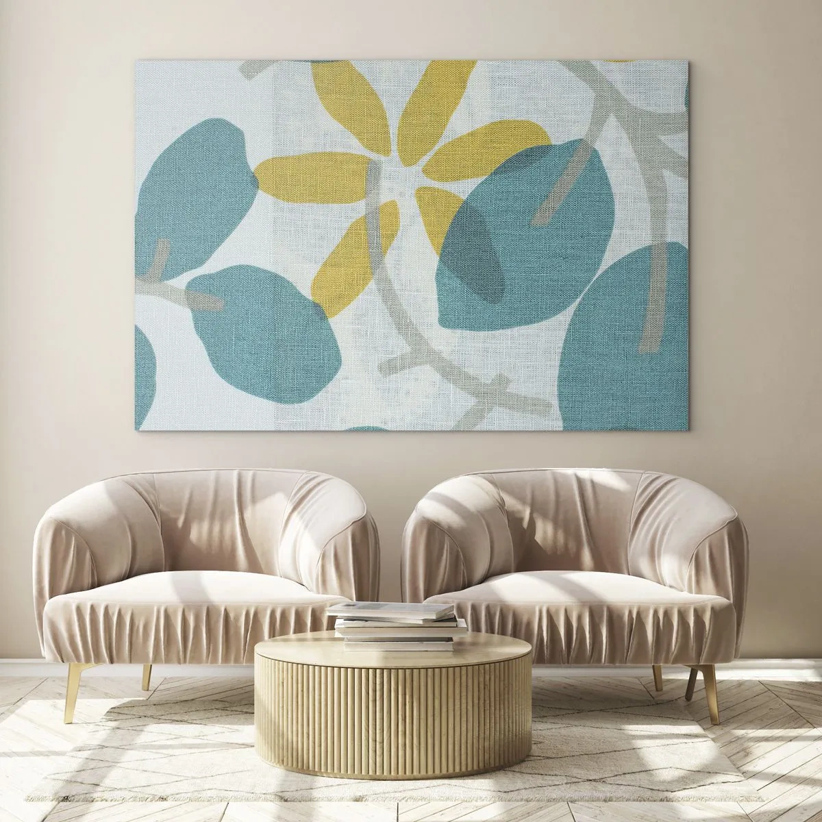 Glastavla - Bild på glas - En växtgrafik med azurblå blad och gula blommor - 70x50cm - Bland azurblå blad - Modern väggdekoration för vardagsrum och sovrum ARTTOR