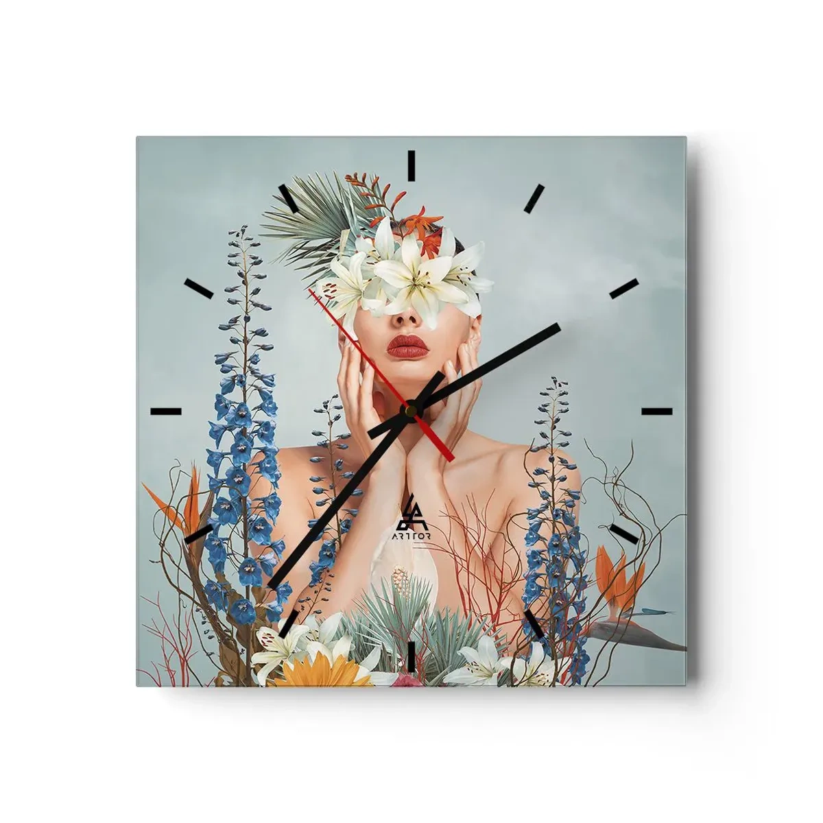 Väggklocka - Klocka på glas - Kvinna - blomma - 30x30 cm