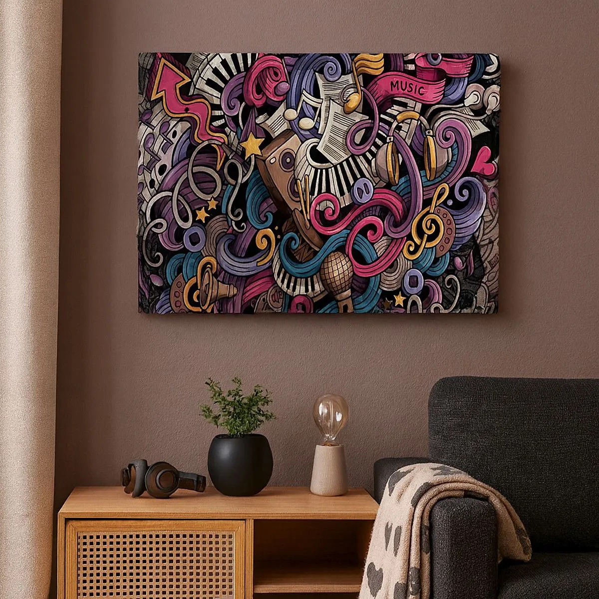 Canvastavla - Bild på duk - En musikalisk abstraktion full av färgglada instrument och noter. - 70x50cm - Komplicerad melodi - Modern väggdekoration för vardagsrum och sovrum ARTTOR