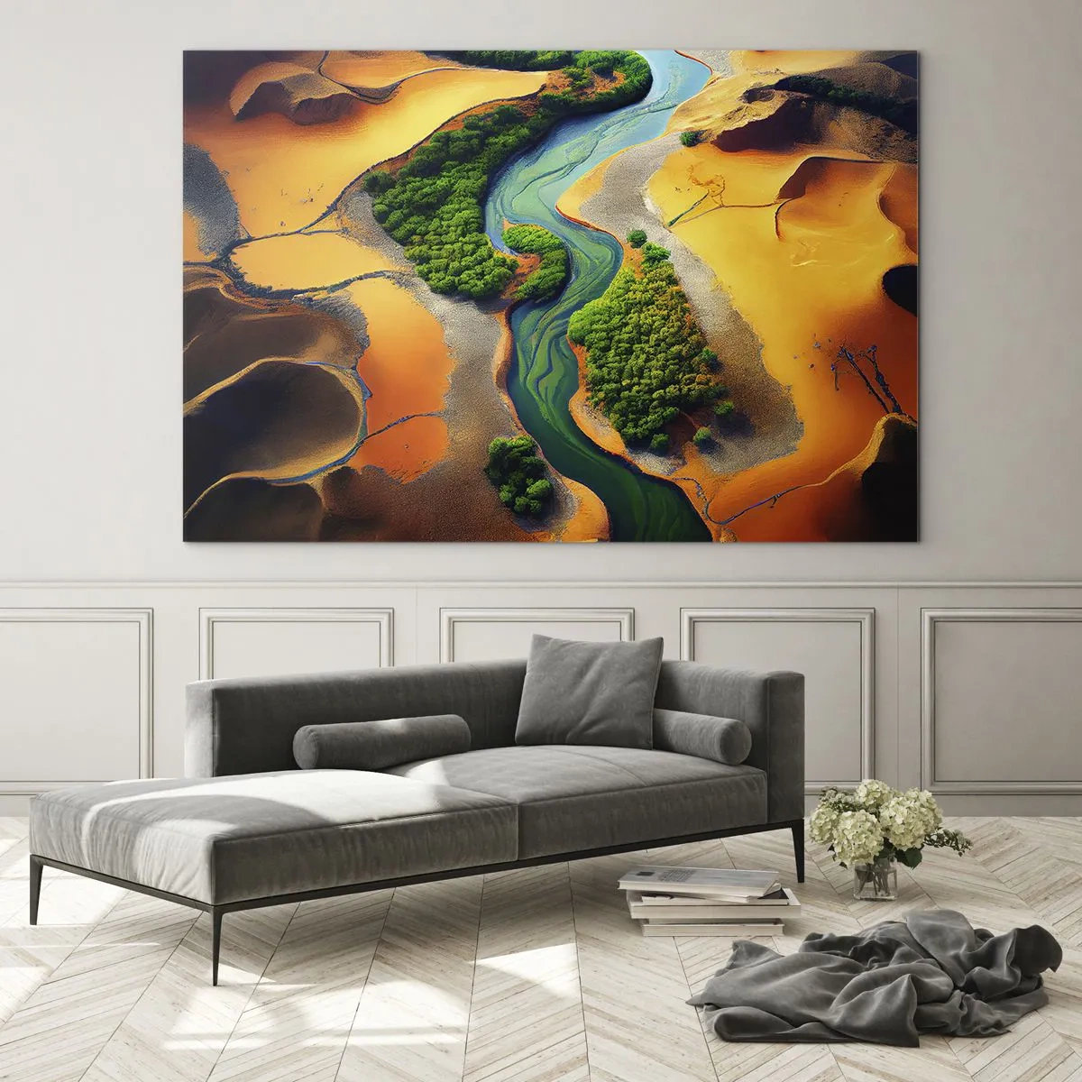 Glastavla - Bild på glas - Gröna oaser och en flod bland orange sanddyner - 70x50cm - Livgivande flod - Modern väggdekoration för vardagsrum och sovrum ARTTOR