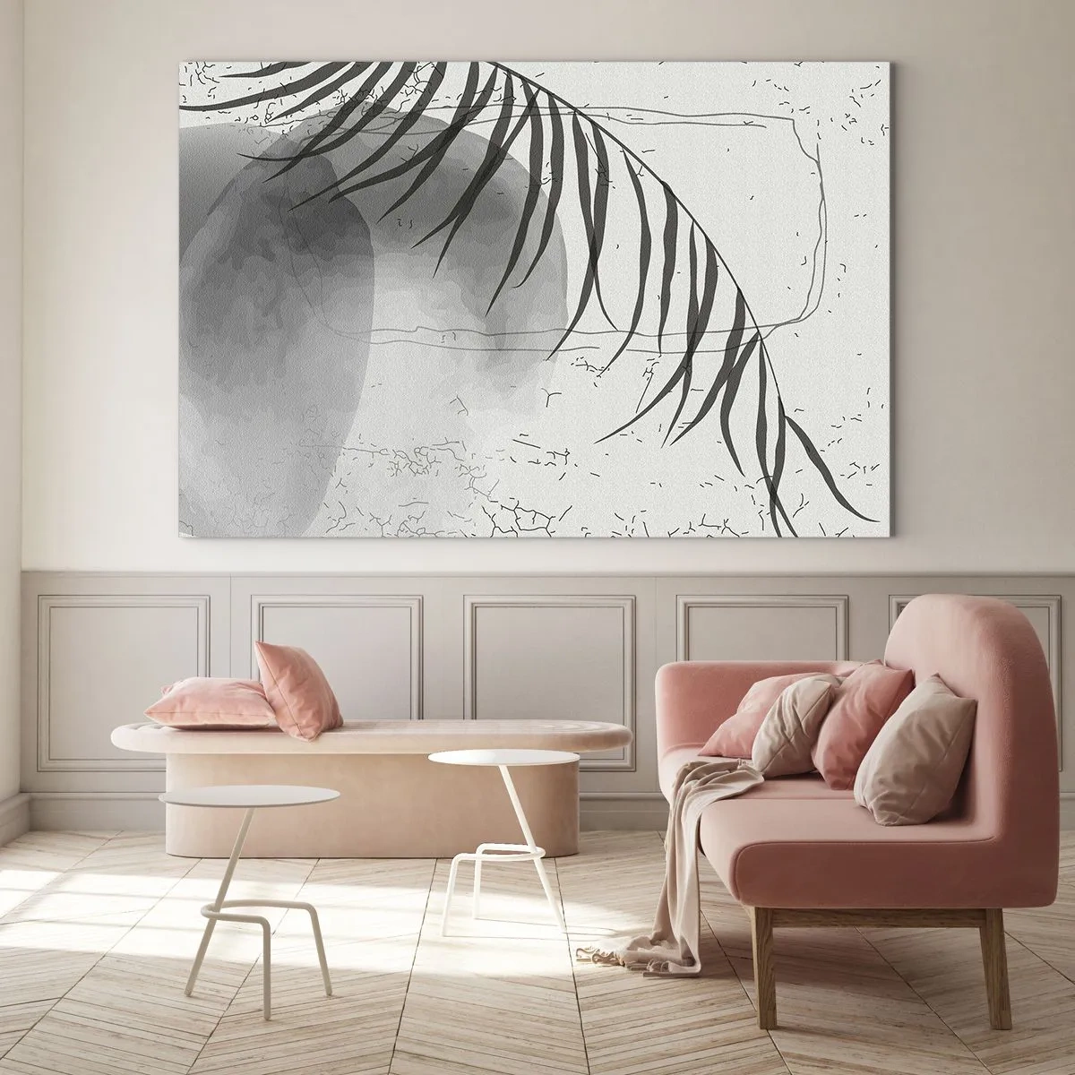 Glastavla - Bild på glas - Svartvit palmbladsskugggrafik - 70x50cm - Den subtila exotismen i naturen - Modern väggdekoration för vardagsrum och sovrum ARTTOR