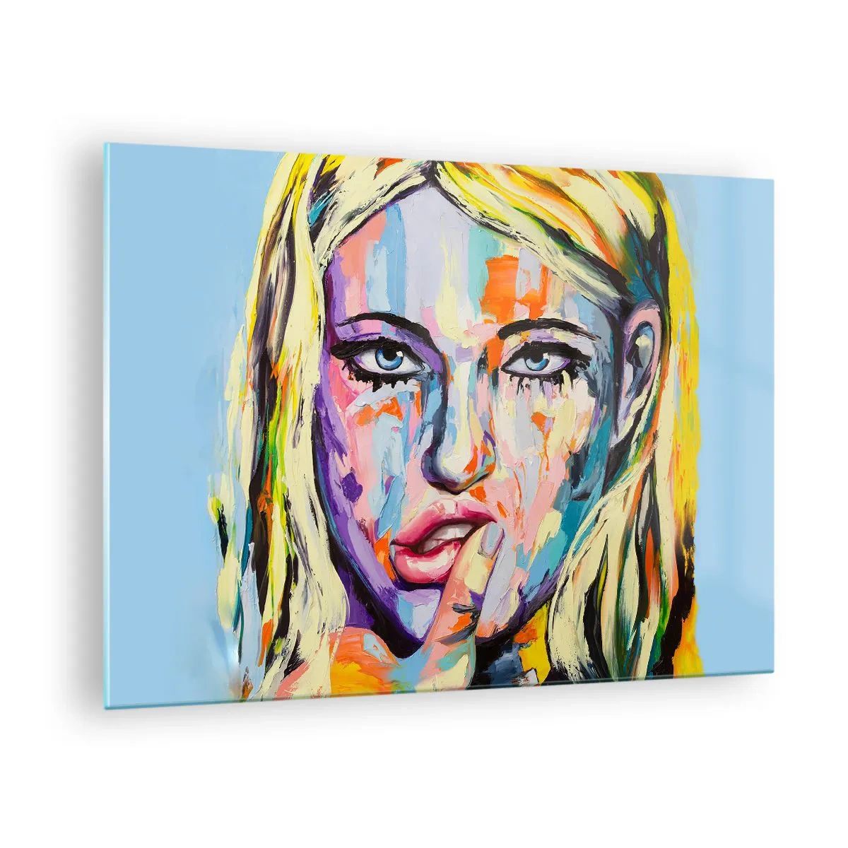 Glastavla - Bild på glas - Ett färgstarkt porträtt av en kvinna med ett eftertänksamt uttryck - 70x50cm - Titta henne rakt in i ögonen - Modern väggdekoration för vardagsrum och sovrum ARTTOR