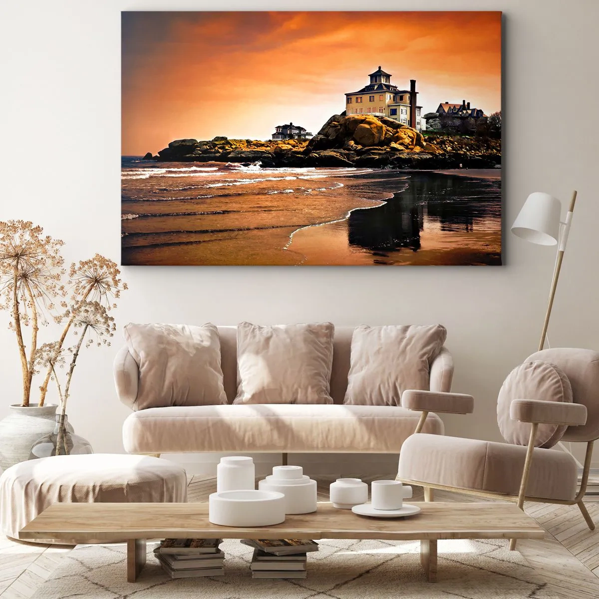 Canvastavla - Bild på duk - Ett hus på en klippa vid stranden i solnedgången med sin reflektion i vattnet - 70x50cm - Västkustens elegans - Modern väggdekoration för vardagsrum och sovrum ARTTOR