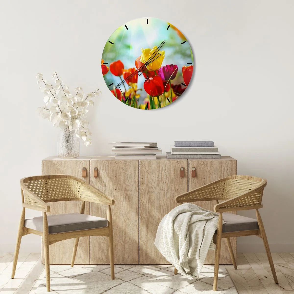 Väggklocka - Klocka på glas - Solens alla färger - 30x30 cm