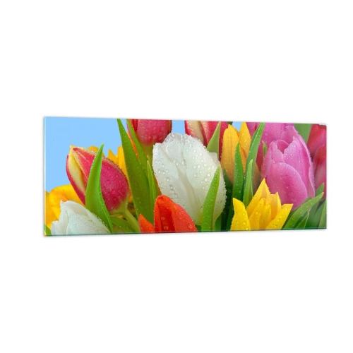 Glastavla - Bild på glas - blommig regnbåge i daggdroppar - 140x50 cm