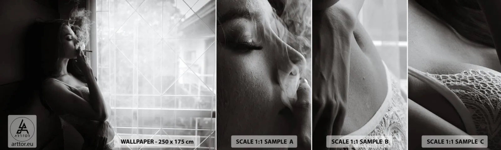 Provbit av självhäftande fototapet Deluxe Sticker - Ett sensuellt ögonblick - Kvinna, Cigarett, Sovrum - 100x30 cm