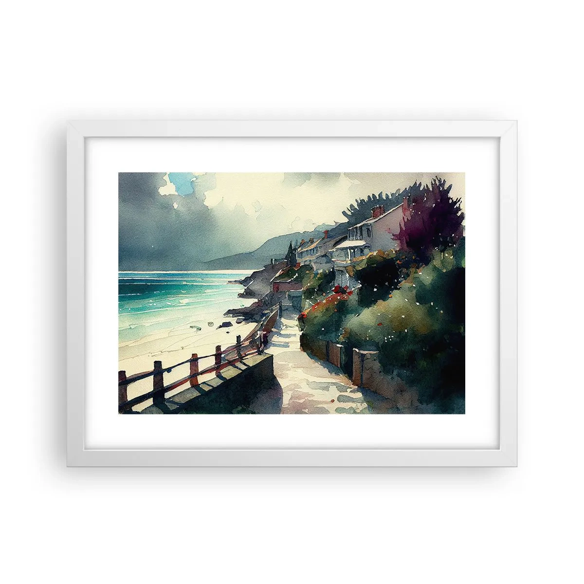 Affisch i vit ram - Medelhavsstad - 40x30 cm