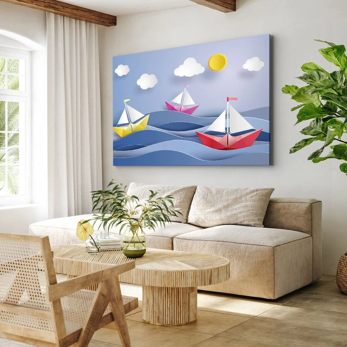 Canvastavla - Bild på duk - Färgglada segelbåtar på vågorna på en solig dag - 70x50cm - Det är så skönt att gunga bland vågorna - Modern väggdekoration för vardagsrum och sovrum ARTTOR