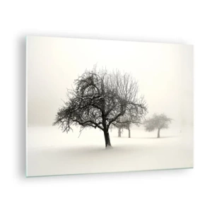 Glastavla - Bild på glas - Träd i ett vinterlandskap täckt av snö och dimma - 70x50cm - Vintersömn - Modern väggdekoration för vardagsrum och sovrum ARTTOR
