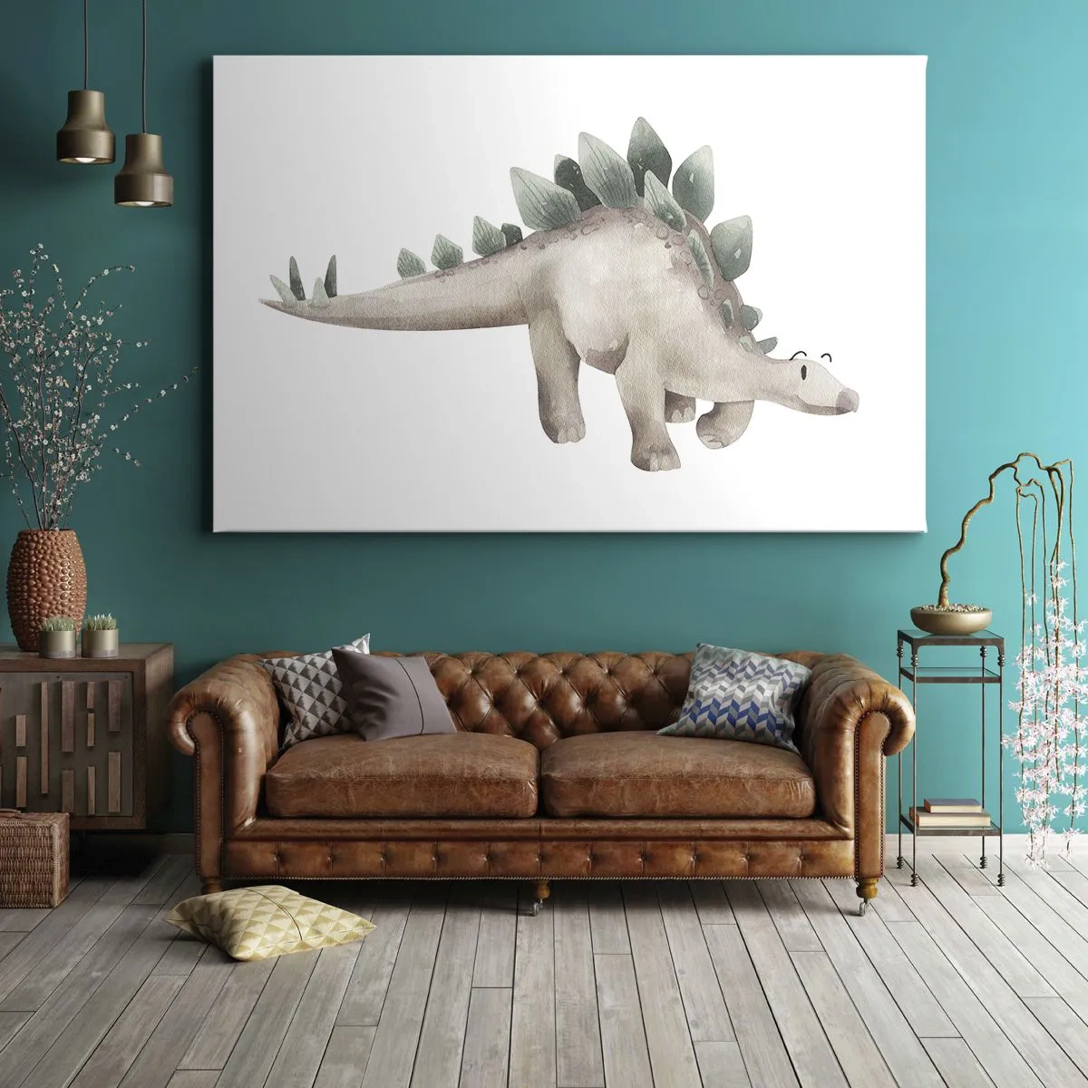 Canvastavla - Bild på duk - En söt dinosaurie i pastellfärger - 70x50cm - Er vän - Modern väggdekoration för vardagsrum och sovrum ARTTOR
